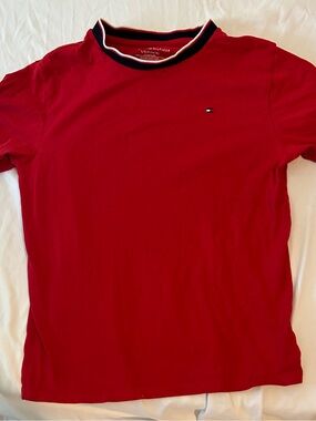 Tommy Hilfiger Red Short-Sleeve Crew T-Shirt with Navy-Trim Collar